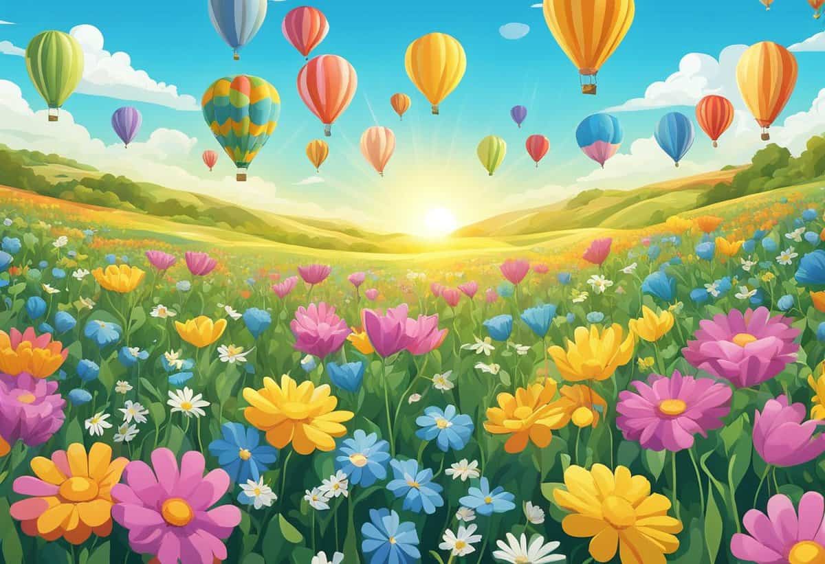 Colorful hot air balloons soaring above a vibrant field of flowers at sunrise.