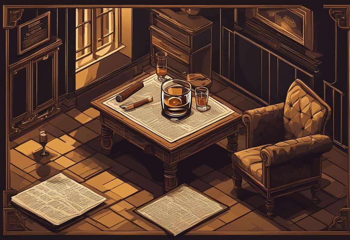 An elegant study room scene with an open book on a wooden table, accompanied by a glass of whiskey, a filled ice bucket, and a cigar.