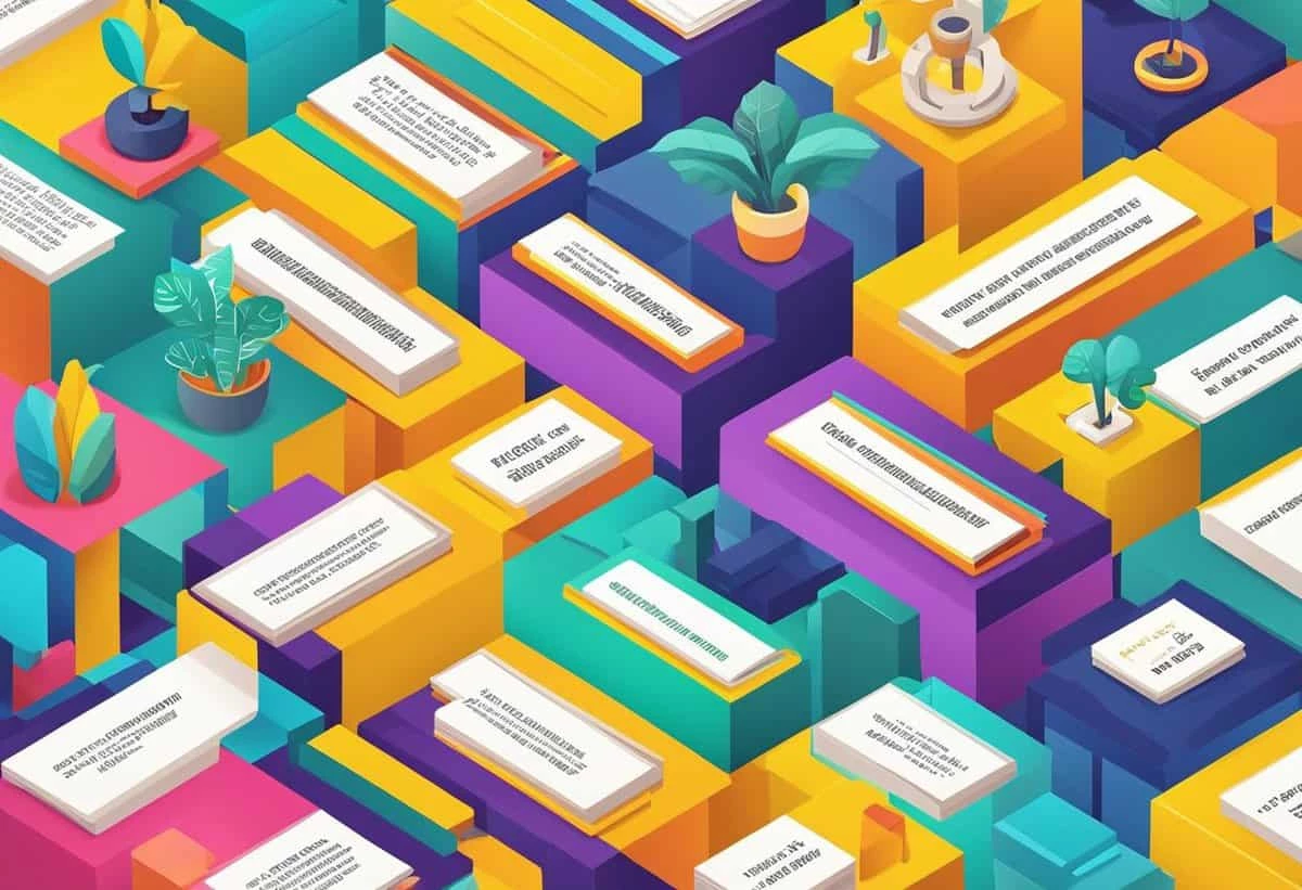 Colorful isometric illustration of an abstract library or data storage concept with books and decorative plants.