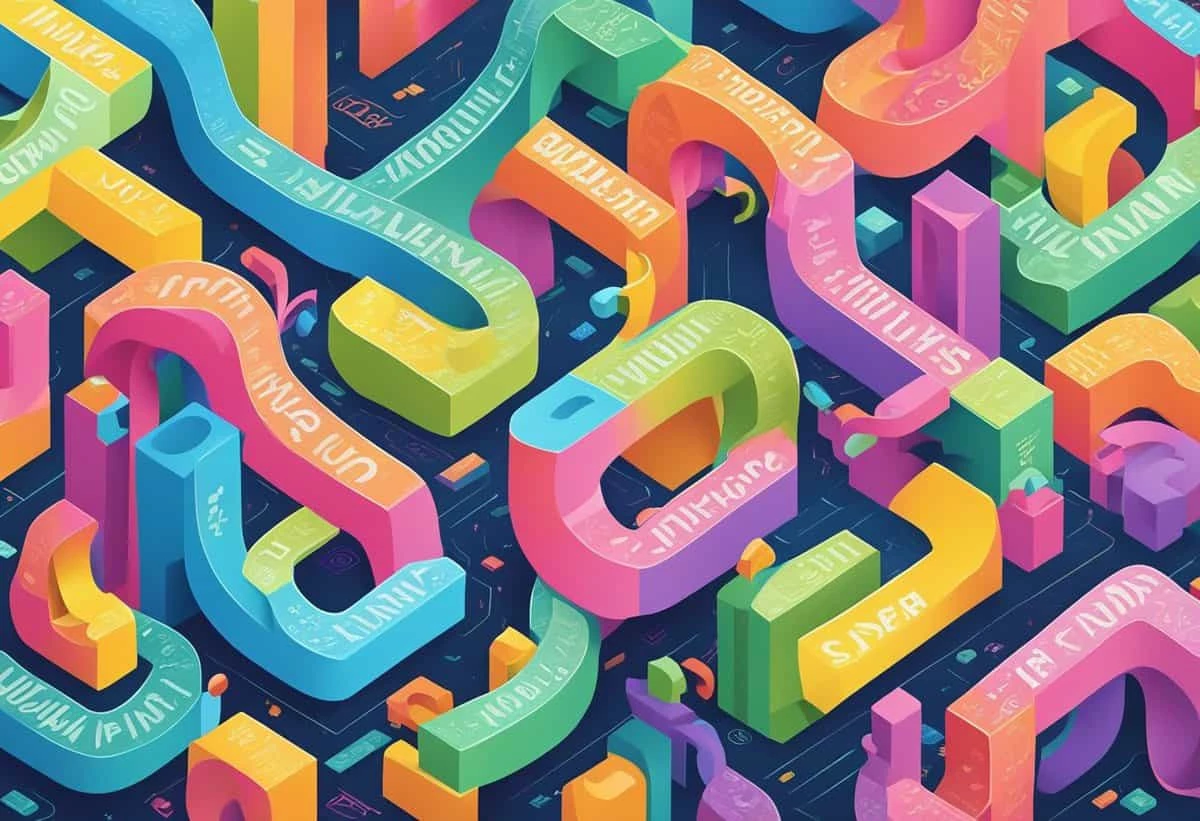 An isometric digital artwork featuring a colorful, maze-like array of intertwined 3d letters and shapes.