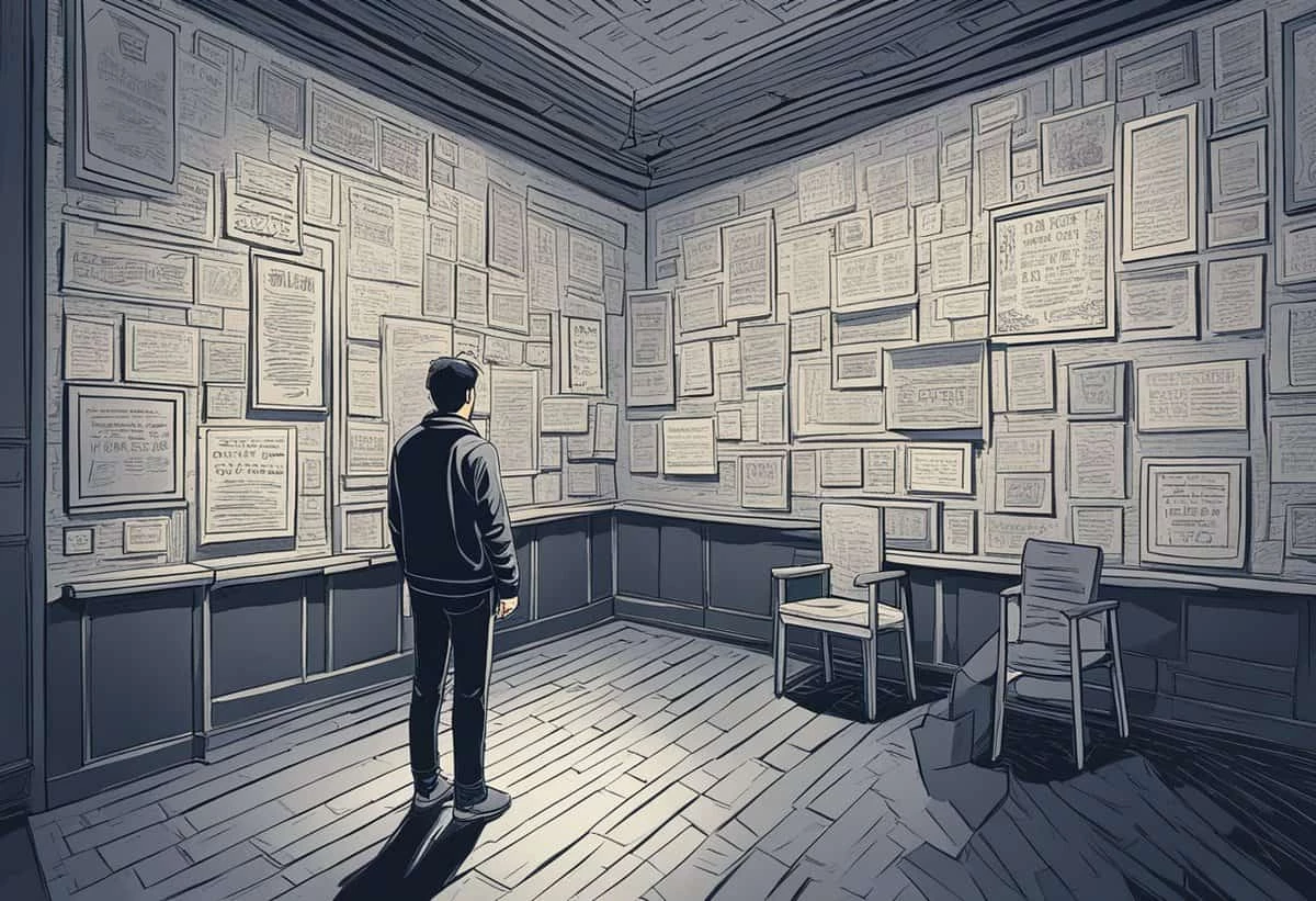 A person stands in a room with walls covered in numerous framed documents.