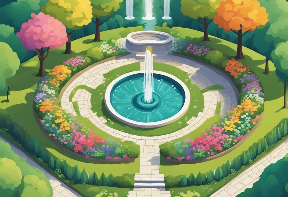 An illustration of a vibrant garden with a circular fountain centerpiece, surrounded by colorful flowers and lush greenery.