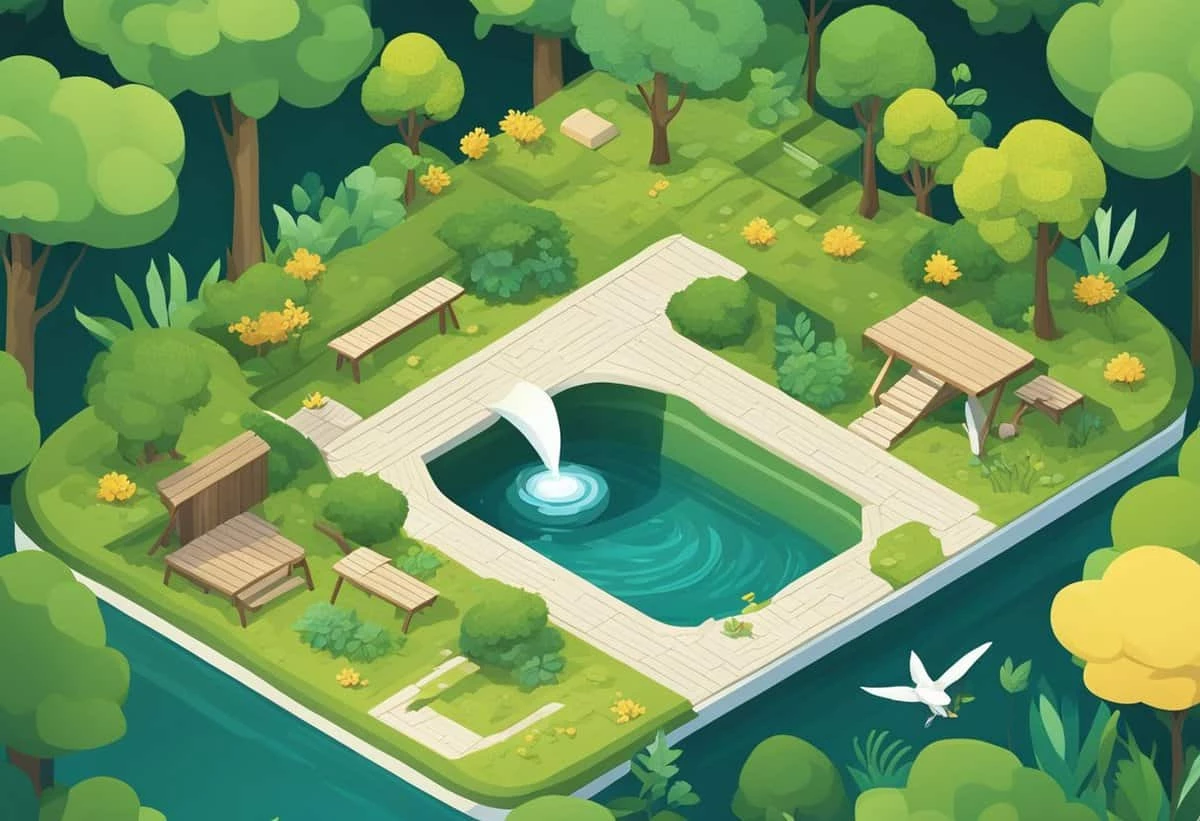 An isometric illustration of a tranquil park with a fountain surrounded by footpaths, benches, and greenery.