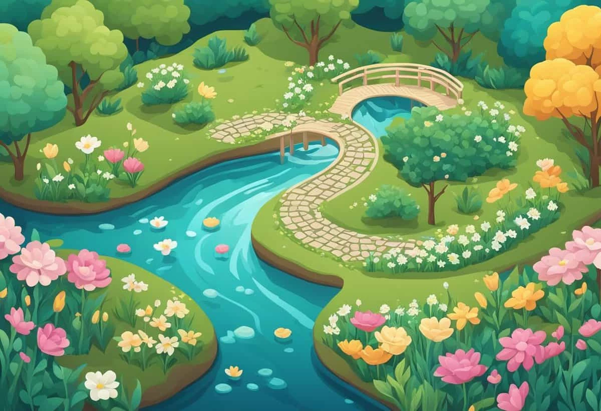 A vibrant illustration of a serene park with a flowing river, stone path, wooden bridge, and colorful flowerbeds.