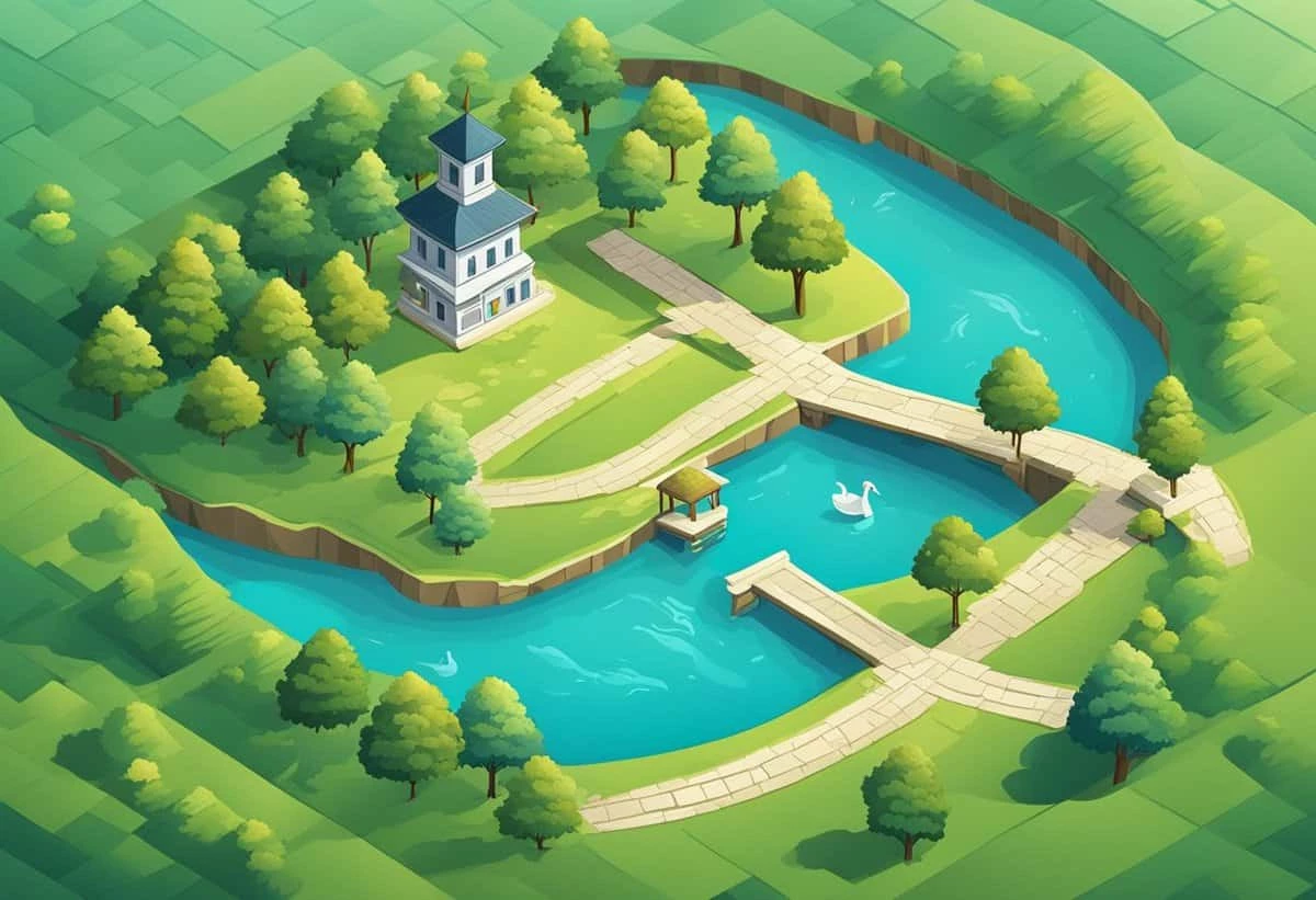 Isometric illustration of a picturesque park with a river, footbridges, a gazebo, and swans.
