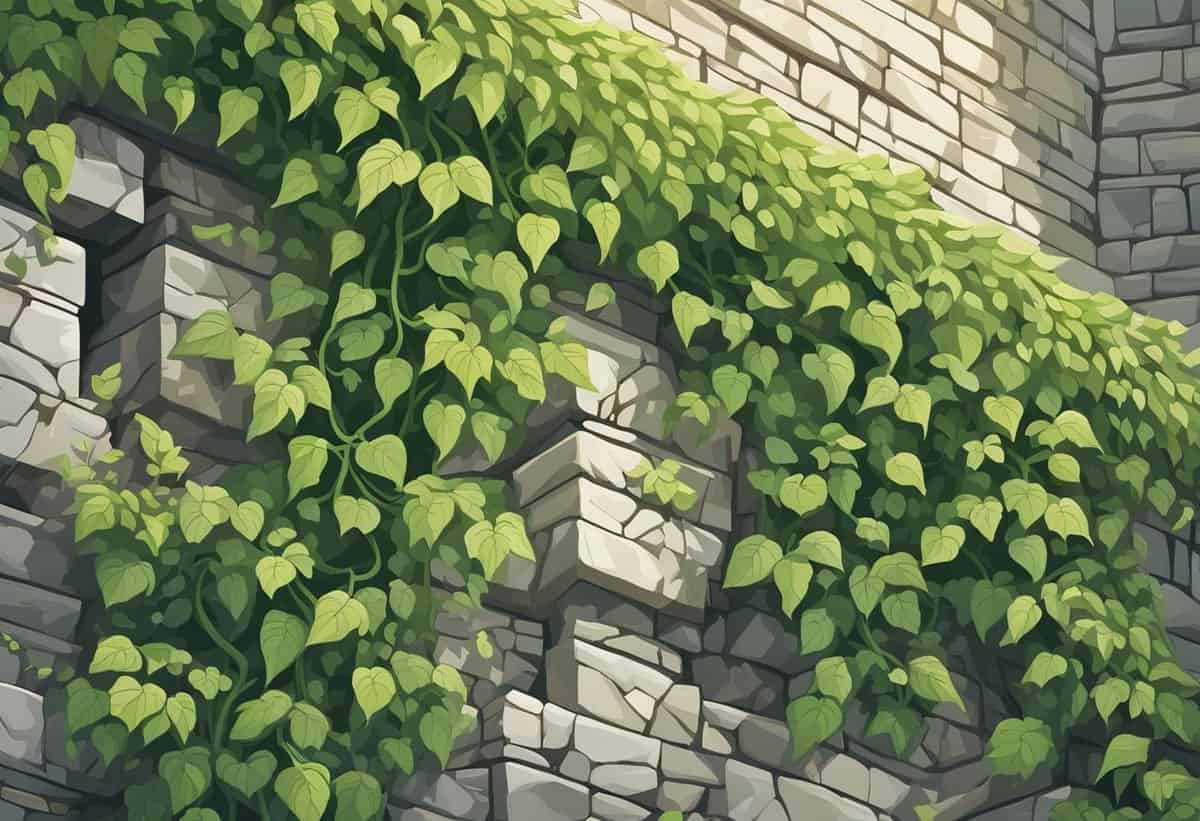 Ivy growing over a stone wall.