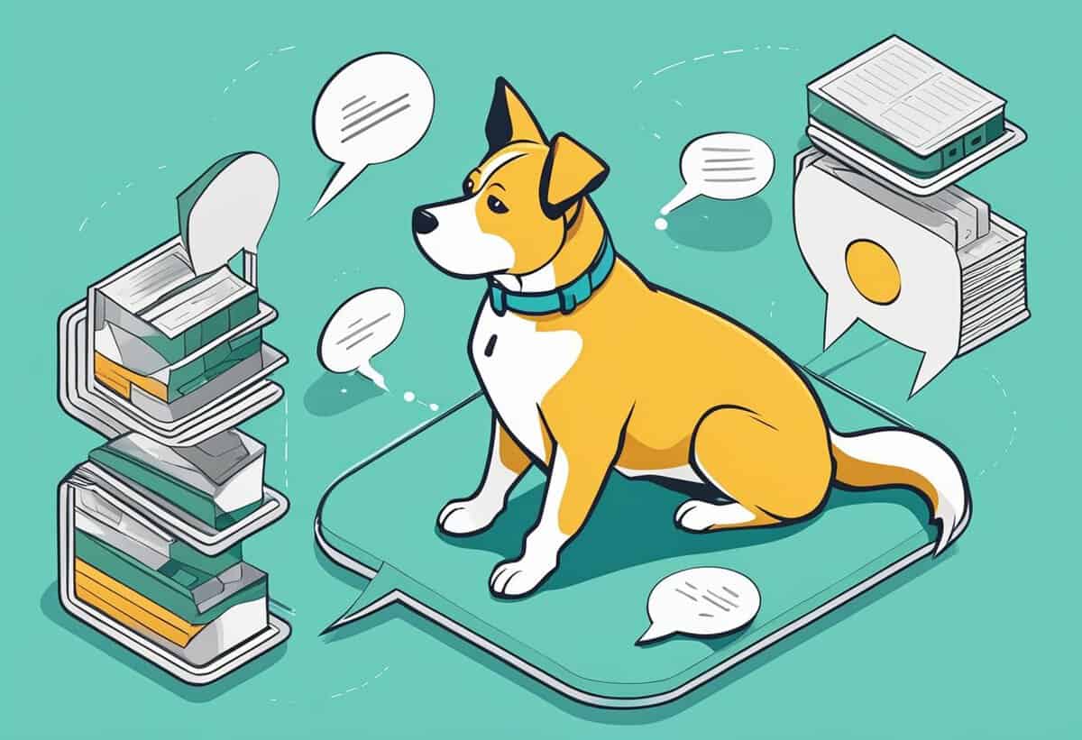 A cartoon illustration of a dog sitting on an oversized smartphone with piles of books and speech bubbles around it, suggesting the concept of learning or communication.