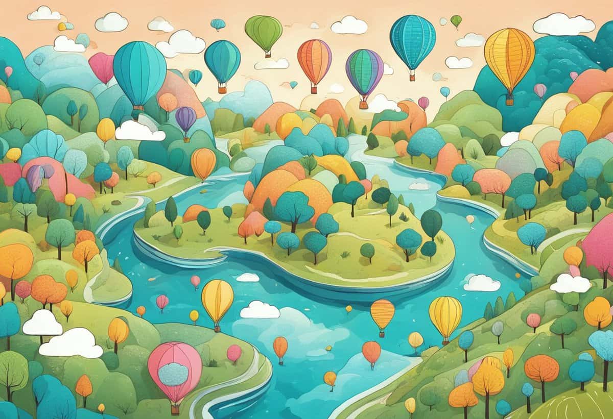 A vibrant landscape illustration featuring hot air balloons floating over a winding river, surrounded by colorful trees and hills under a sky with scattered clouds.