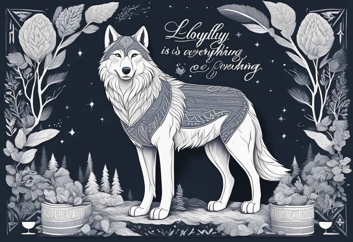 Illustration of a stylized wolf surrounded by nature motifs and the phrase "loyalty is everything & everlasting.