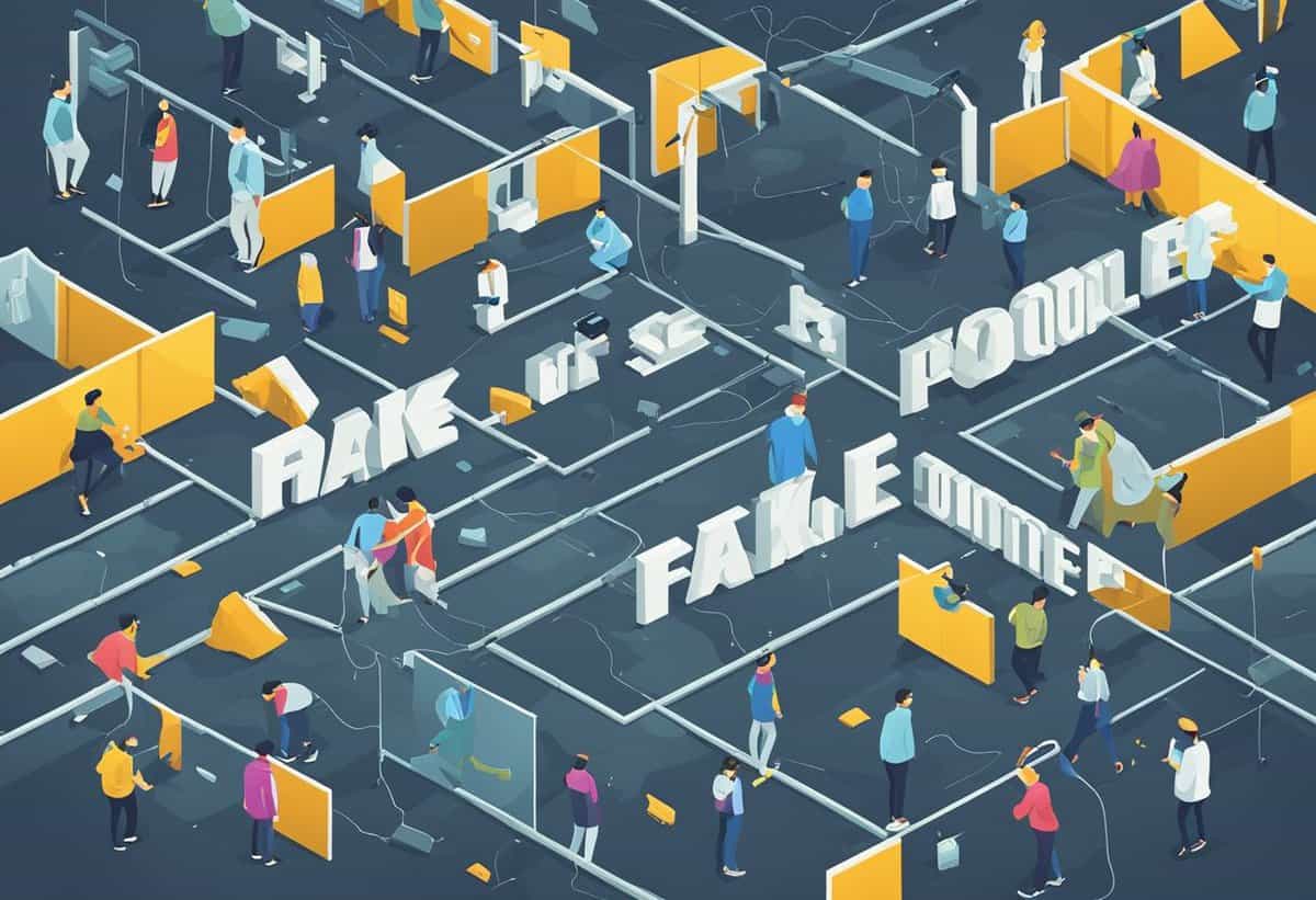 Isometric illustration of people navigating through a maze with the words "make it possible" and "fake commitment" on the pathway.