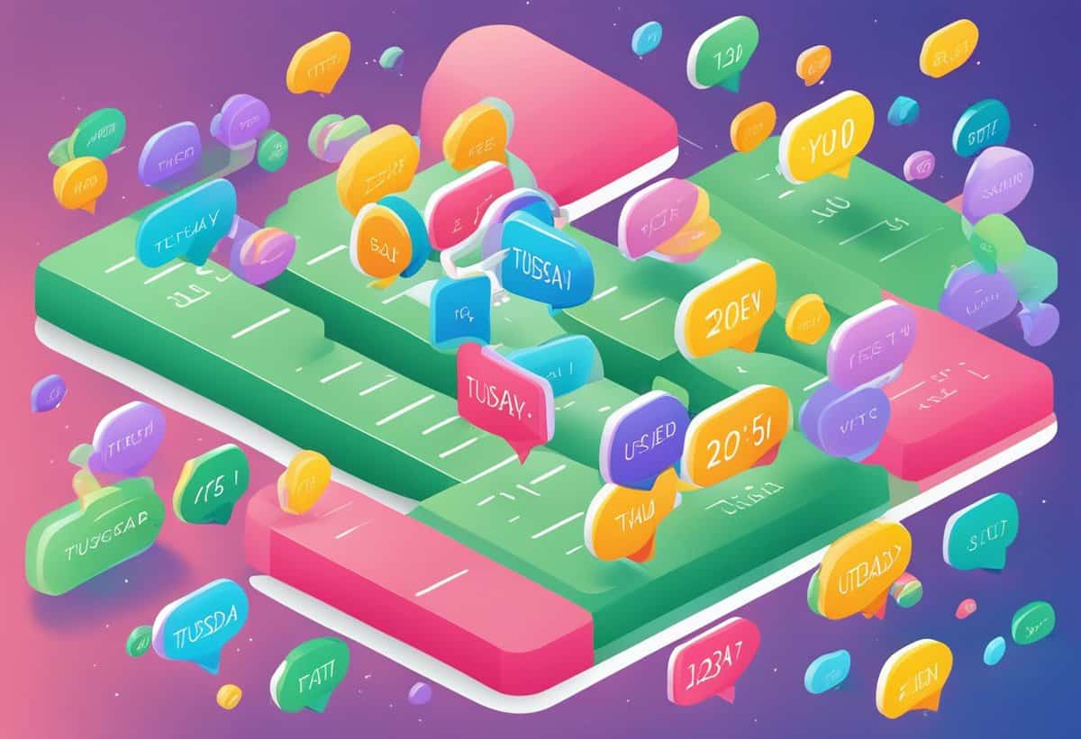 Colorful, stylized 3d rendering of floating pill-shaped objects with days of the week text overlaying a blurred calendar background.