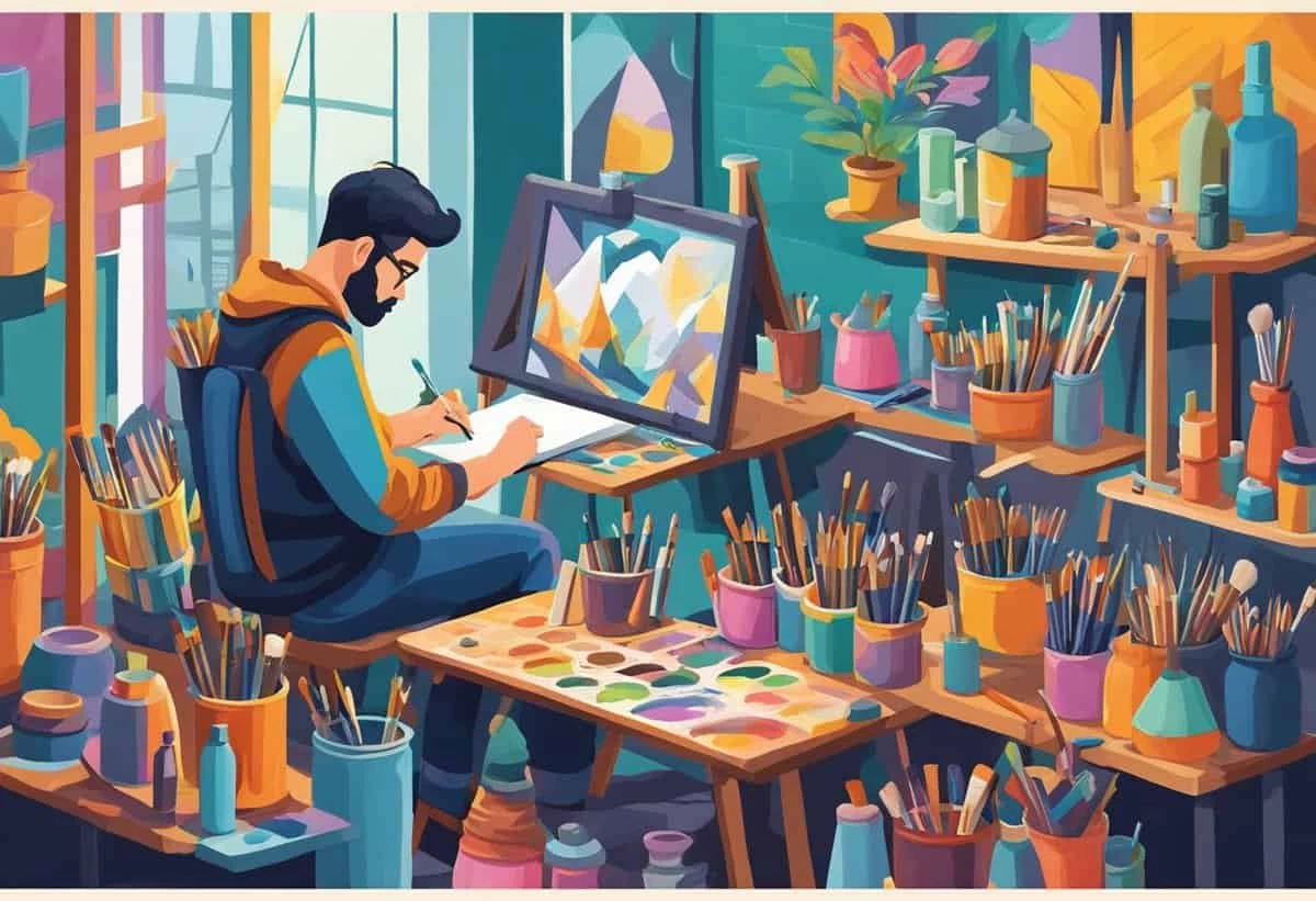 An artist sits focused at his work station, surrounded by art supplies, painting on a canvas in a brightly-lit studio.