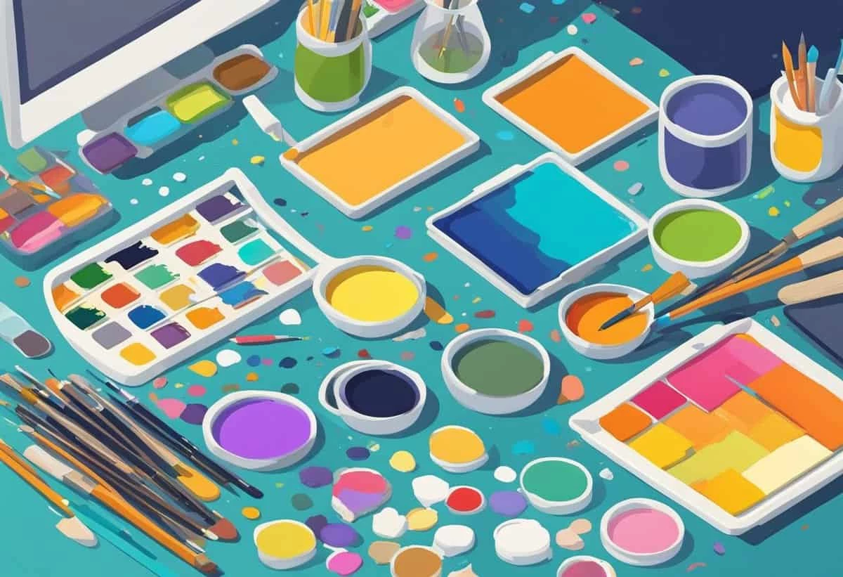 A colorful illustration of an artist's workspace with paints, brushes, and other art supplies.
