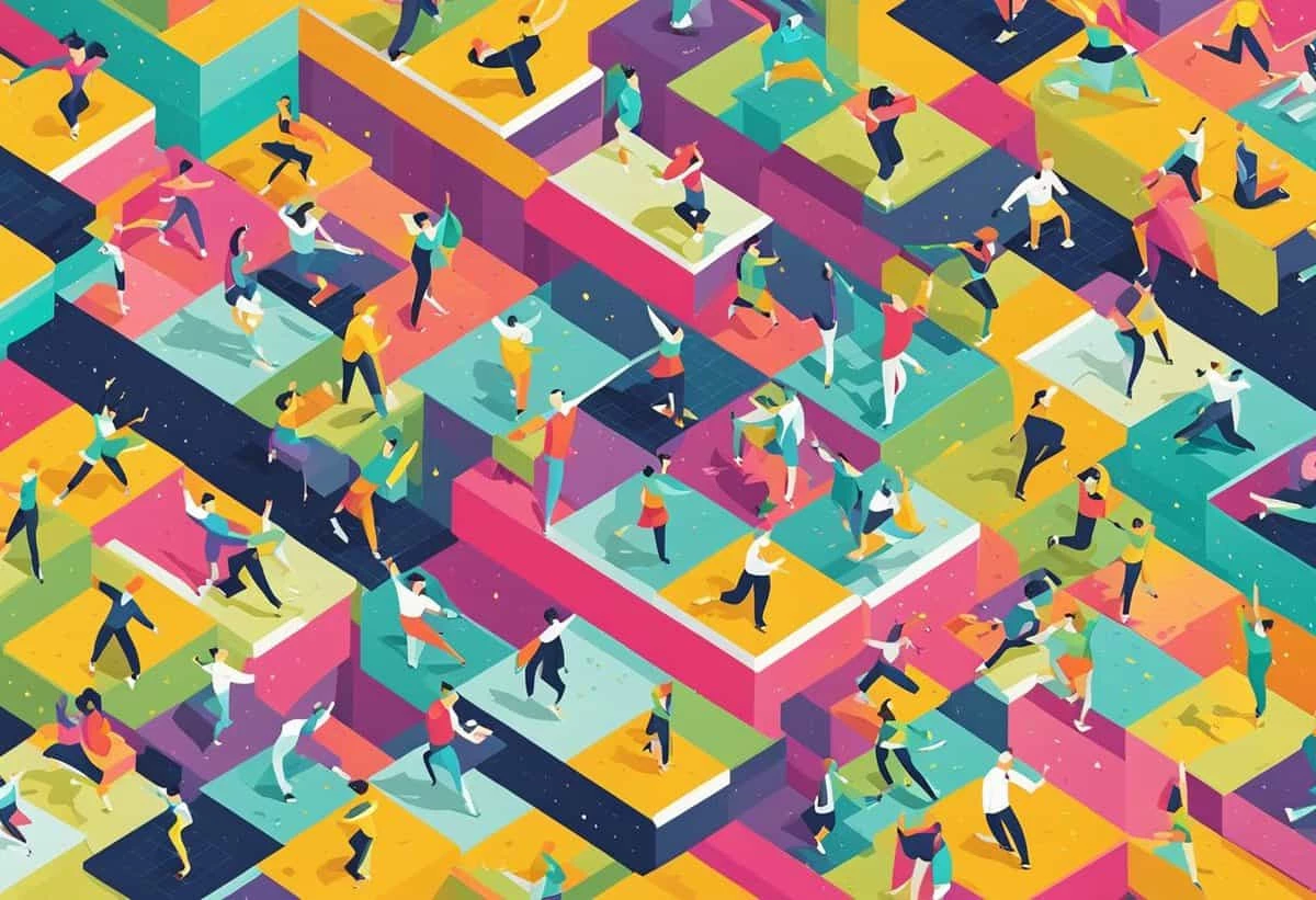 Colorful isometric illustration of a busy, multi-level office environment with numerous people engaged in various activities.