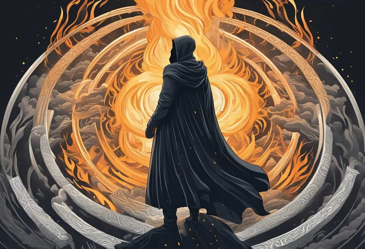 A cloaked figure stands before a large, intricate celestial fire, surrounded by ornate circular designs.