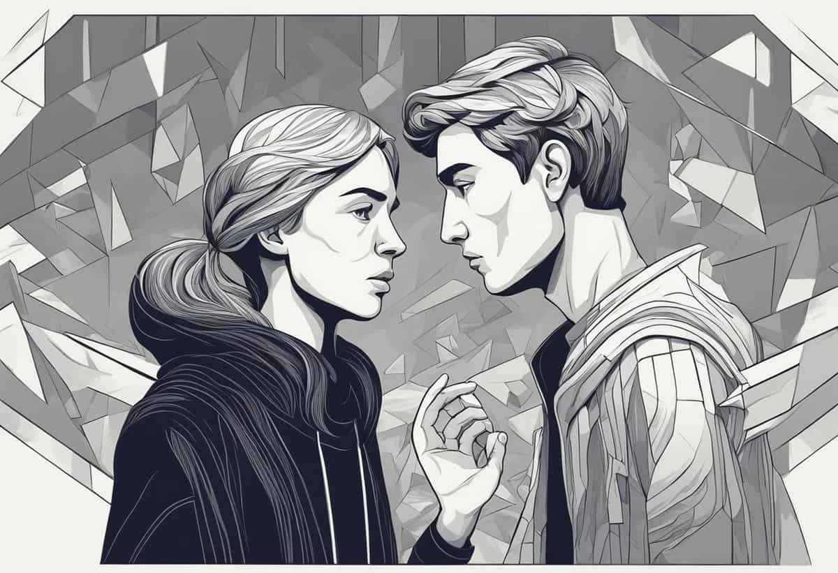 Monochromatic illustration of a man and a woman in profile facing each other against a geometric background.