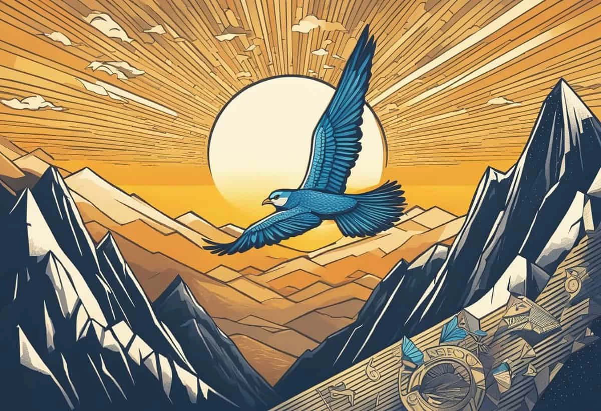 A stylized illustration of a blue bird in flight over mountainous terrain with a large sun in the background.