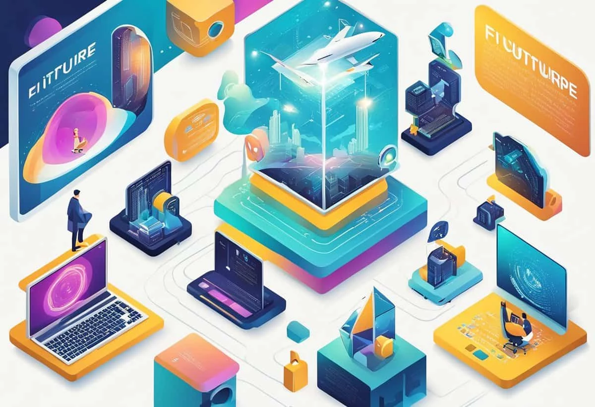 Colorful digital illustration depicting futuristic technology and virtual environments with isometric design elements.