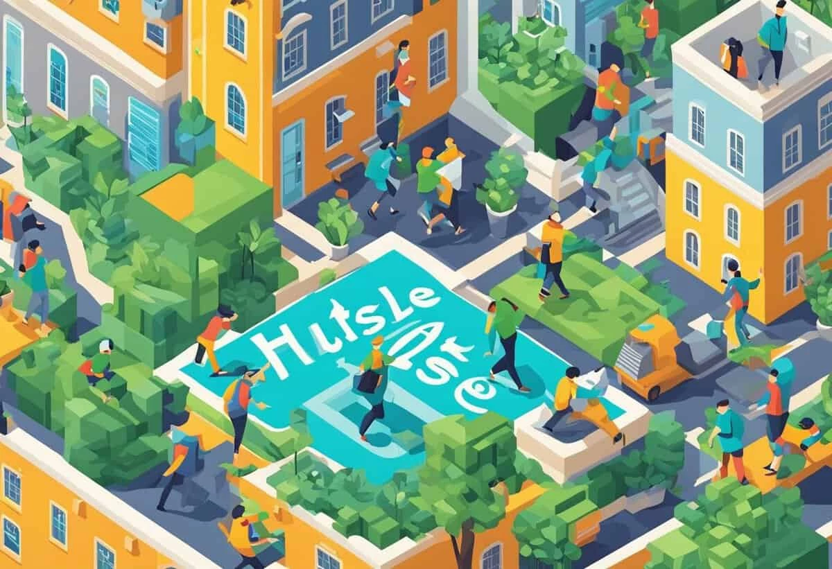 An isometric illustration of a vibrant cityscape with people engaged in various activities around a square with the word "hustle" painted on the ground.