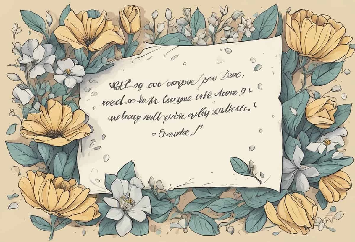 Illustration of a floral arrangement with a central note featuring an inspirational quote.