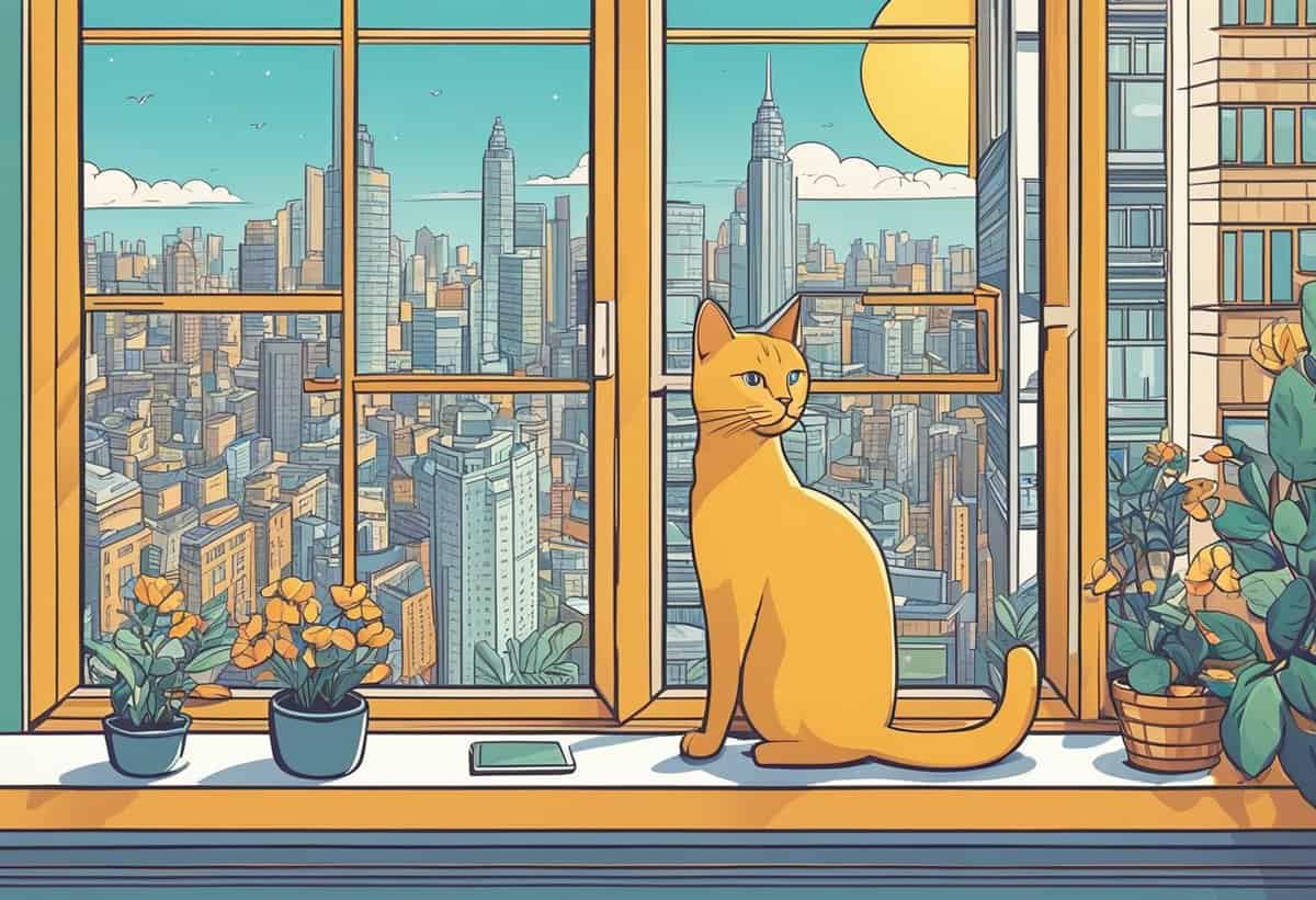 A cat sitting on a window sill with a view of a sunny urban skyline.
