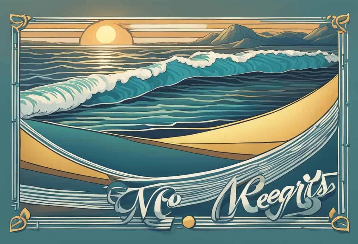 Stylized illustration of an ocean scene with waves, a sun setting over mountains, and the words "no regrets" in decorative script.