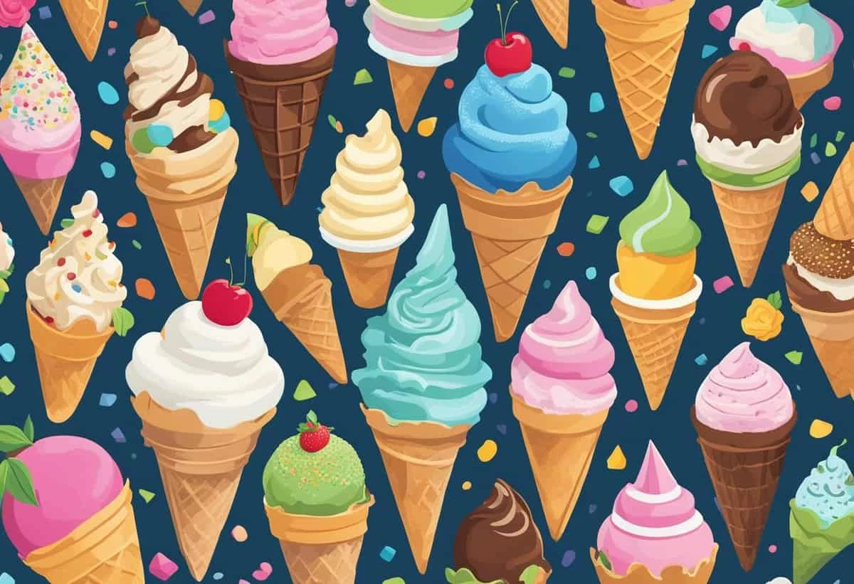 Various flavors of ice cream in cones with assorted toppings on a dark blue background.