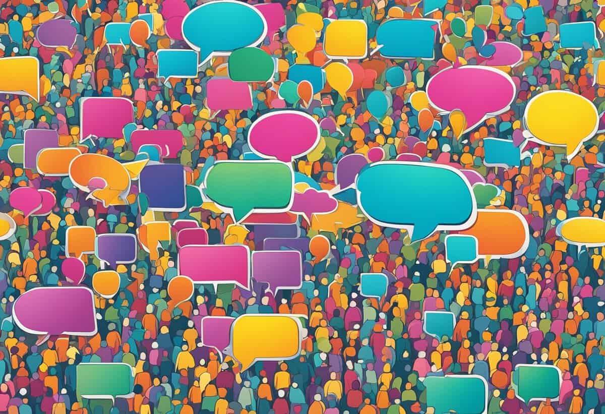 A colorful array of speech bubbles over a crowd of abstract people shapes, symbolizing diverse communication.