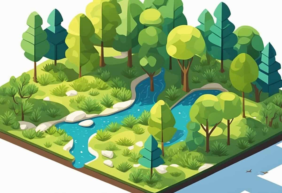 An illustration of a stylized isometric forest with a meandering stream and diverse tree types.