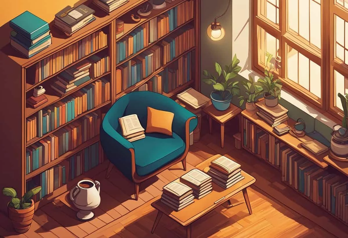 A cozy home library with a comfortable armchair, sunlight streaming through large windows, and numerous books on shelves and tables.