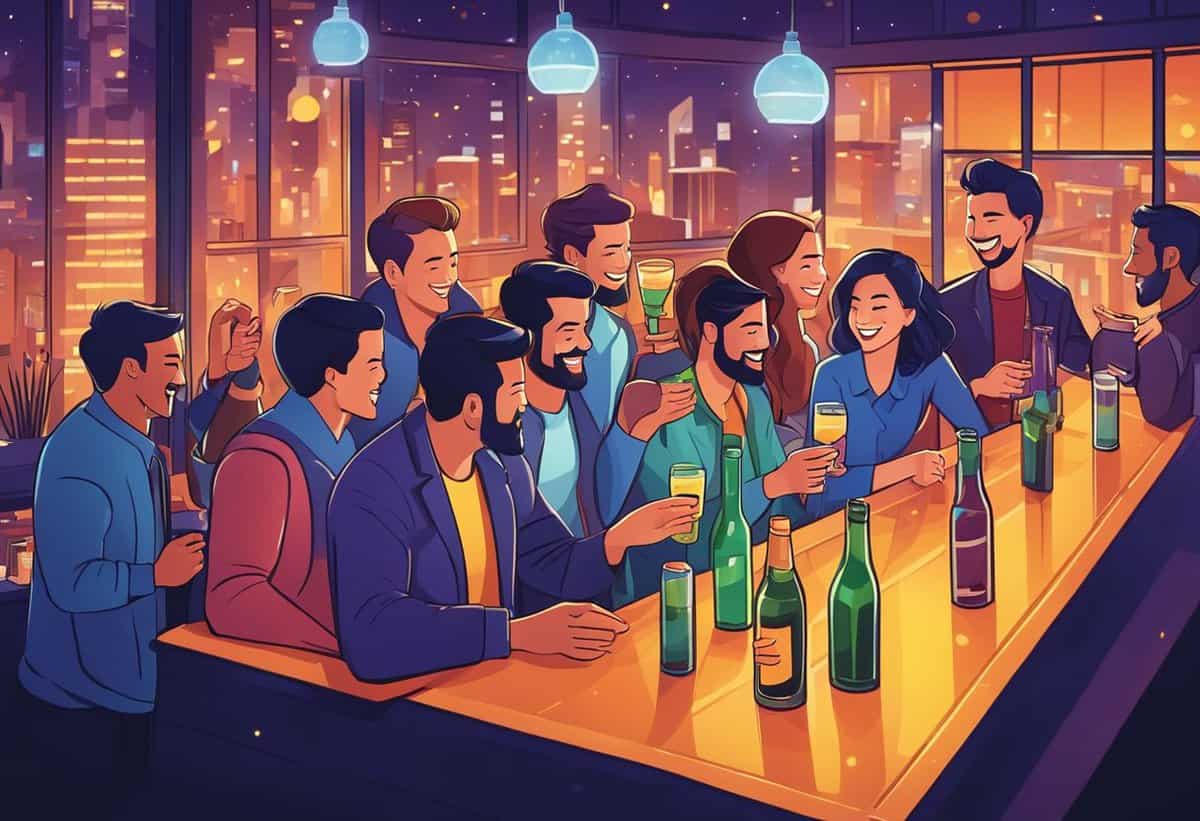 Group of people socializing and enjoying drinks at a bar with a cityscape in the background.