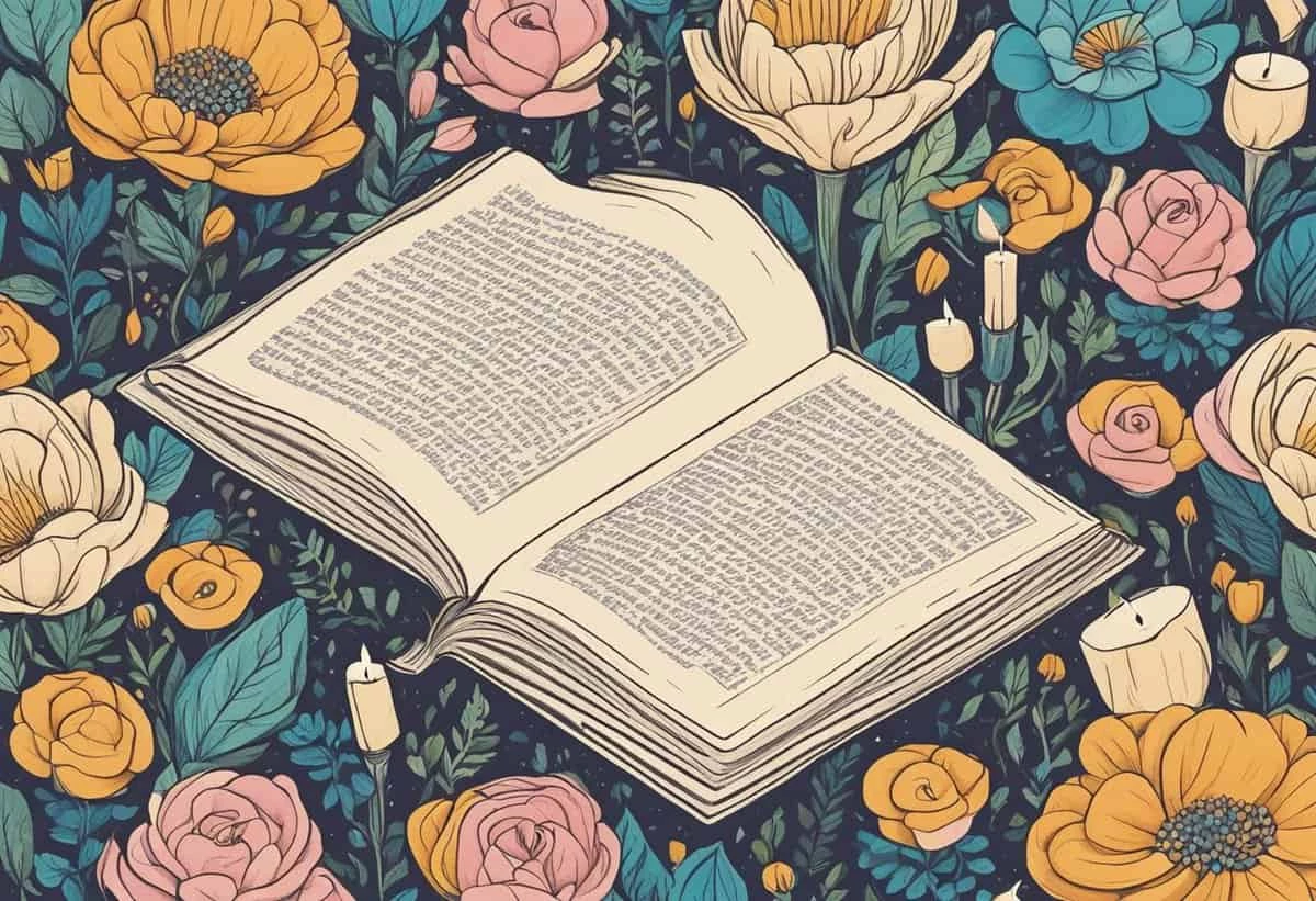 An open book surrounded by a colorful array of flowers and lit candles.