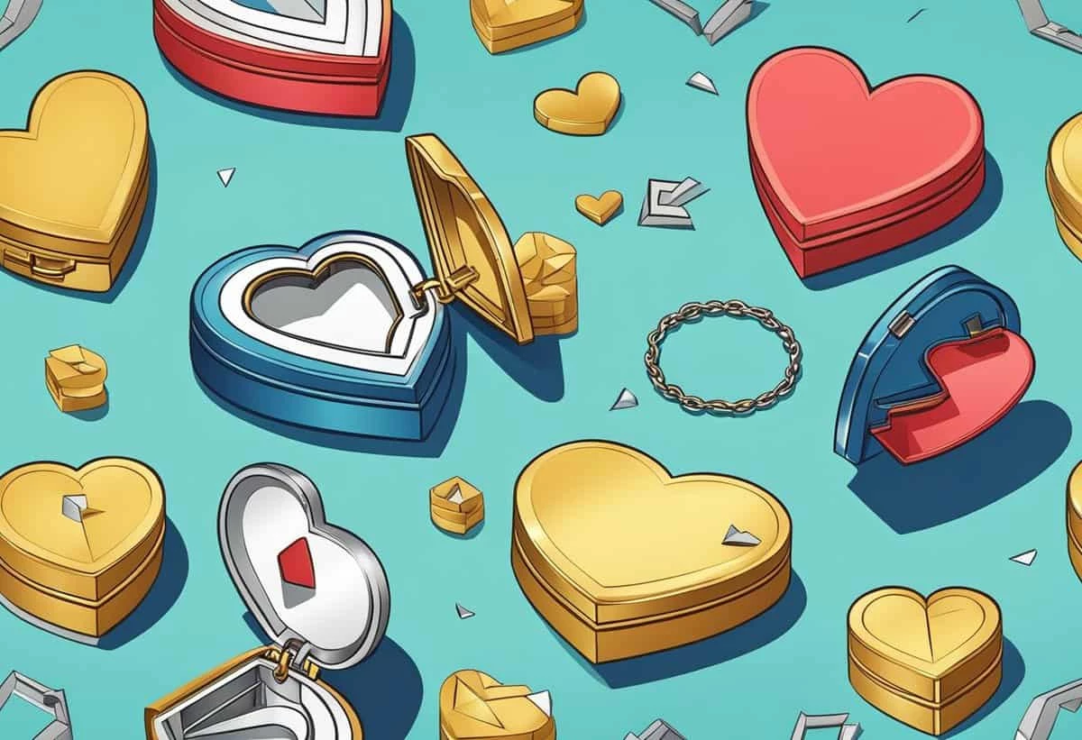 Illustration of various heart-shaped lockets and gems scattered on a blue background.
