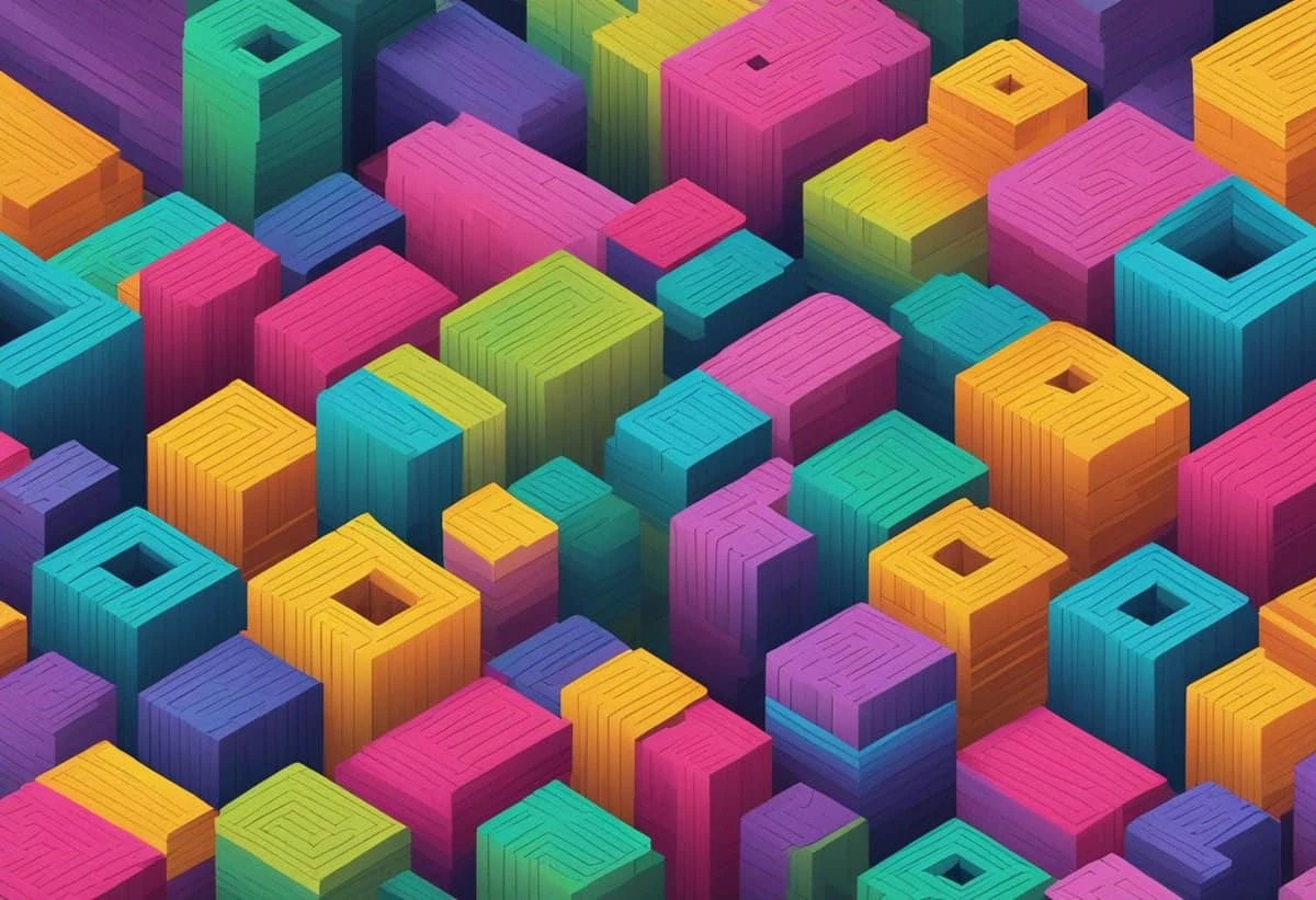 Colorful 3d isometric pattern of stacked blocks.