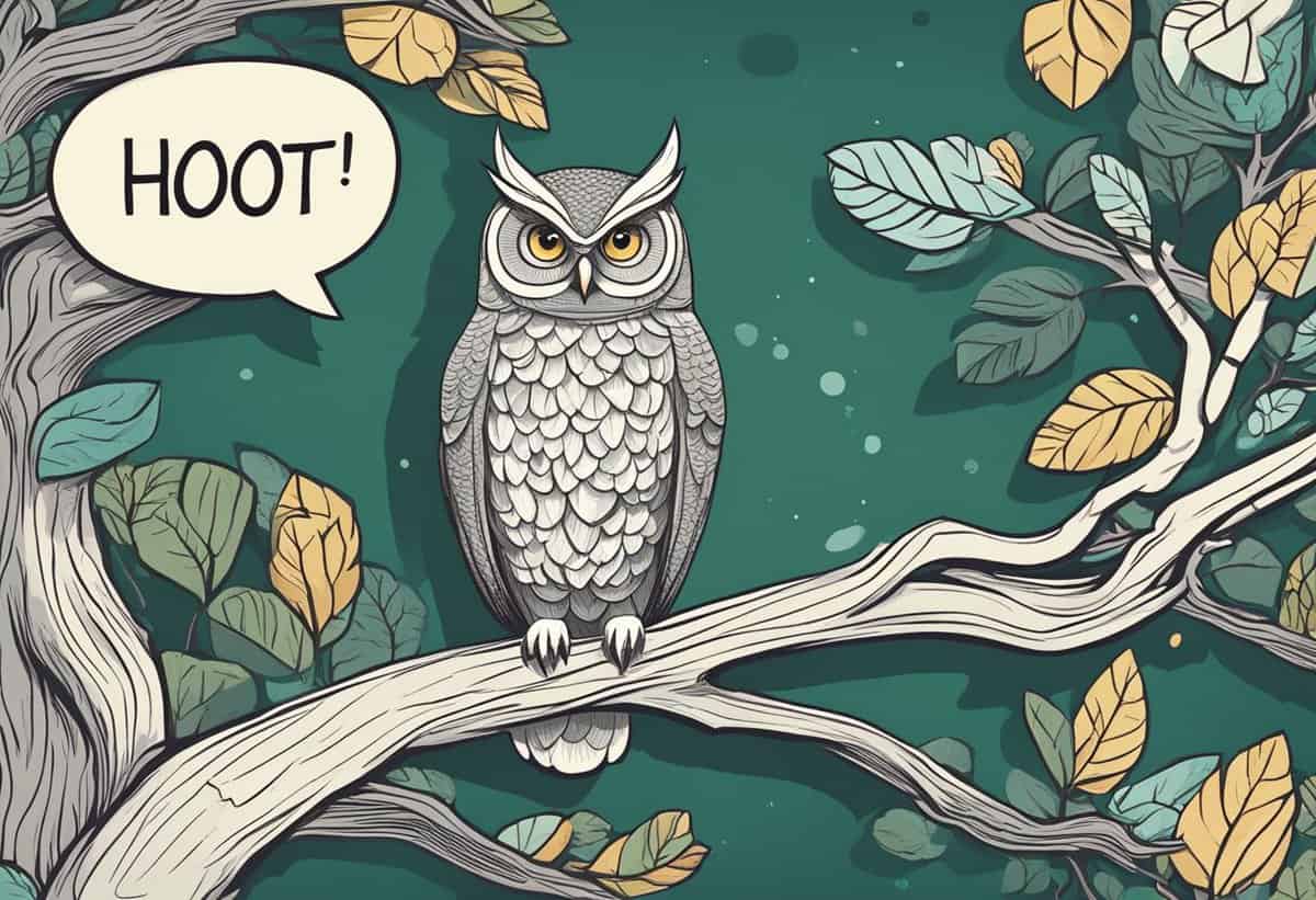 Illustration of an owl perched on a branch with a speech bubble saying "hoot!.