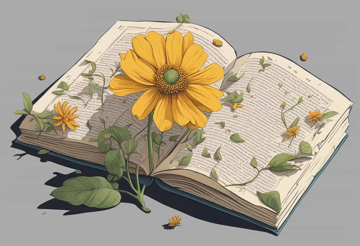An open book with illustrated flowers extending beyond the pages in a three-dimensional effect, accompanied by small bees around the blooms.