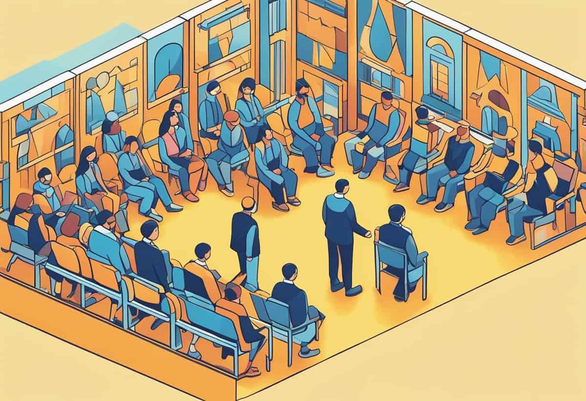 Illustration of a group of people in formal attire engaged in a meeting or conference, with some seated in a circle and others standing or sitting around them, set in a room with large windows and banners.