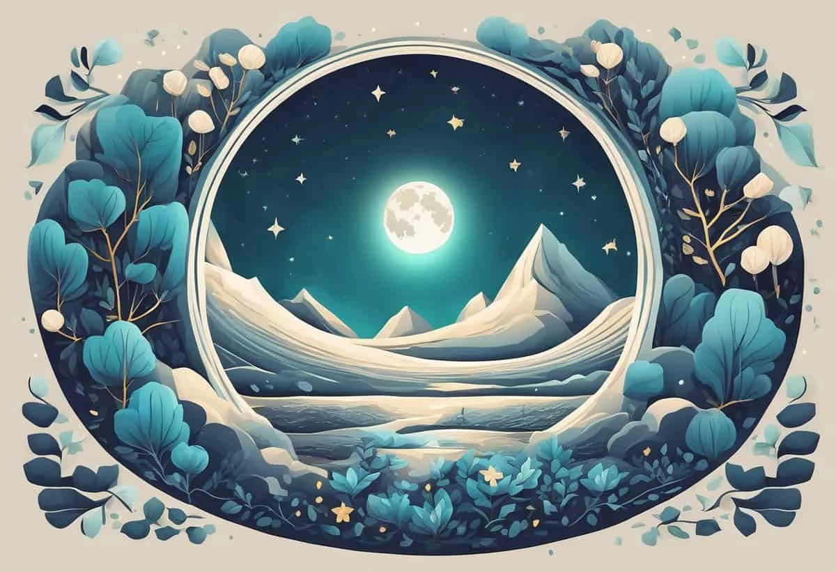 A stylized illustration of a surreal nature scene with a full moon, mountains, and blue foliage framed within a circular border.