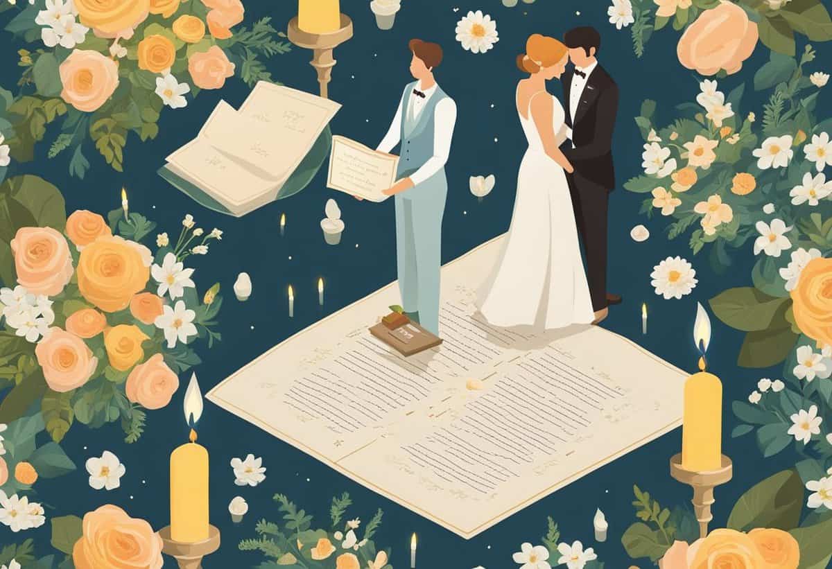 Illustration of a wedding ceremony with a couple exchanging vows surrounded by an array of flowers and candles.
