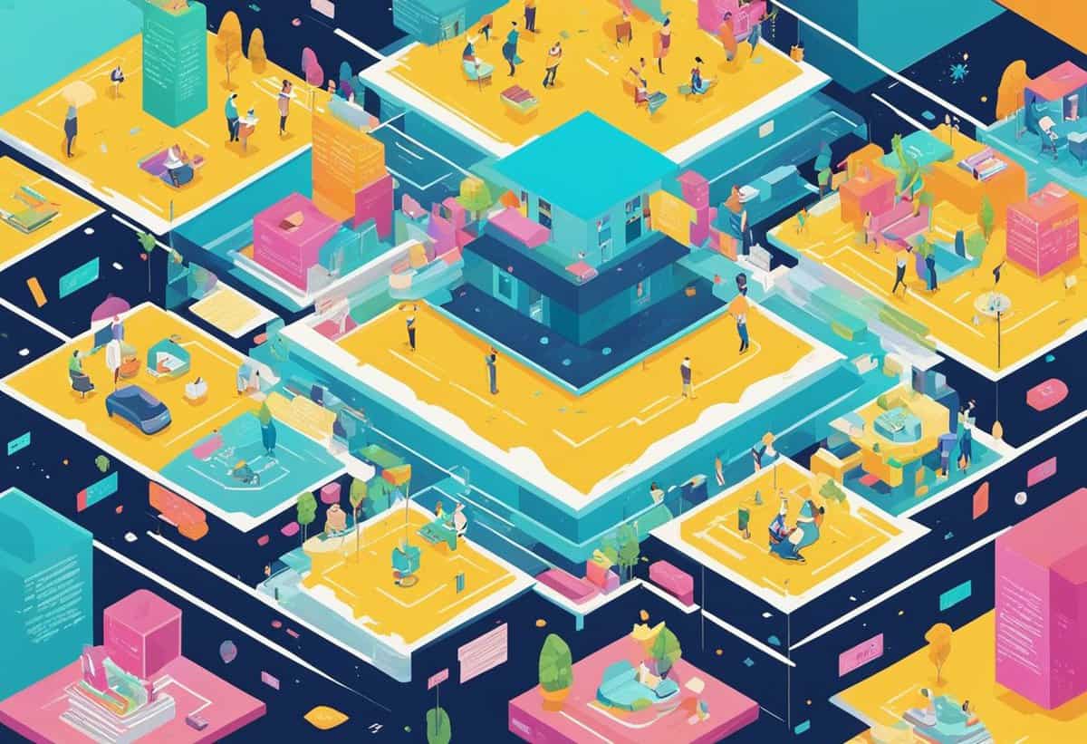 Isometric illustration of a vibrant, bustling office space with multiple levels and areas for collaboration, workstations, and leisure activities.