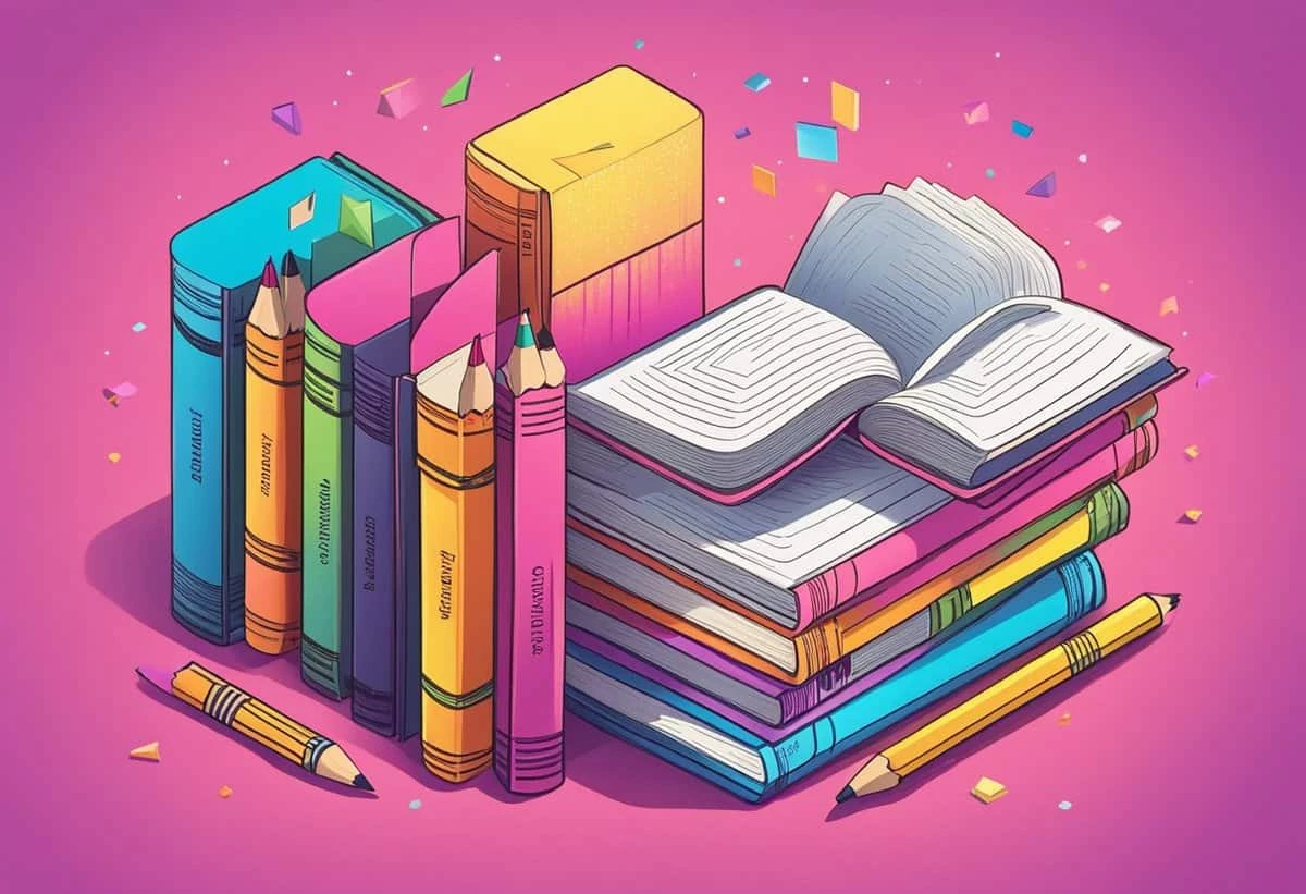 Stack of colorful books with pencils on a pink backdrop, evoking a vibrant study or creative environment.