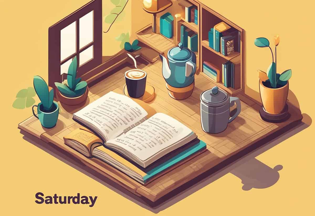 A cozy and stylized illustration of a weekend morning featuring an open book, cups of coffee, and plants on a sunny windowsill labeled "saturday".