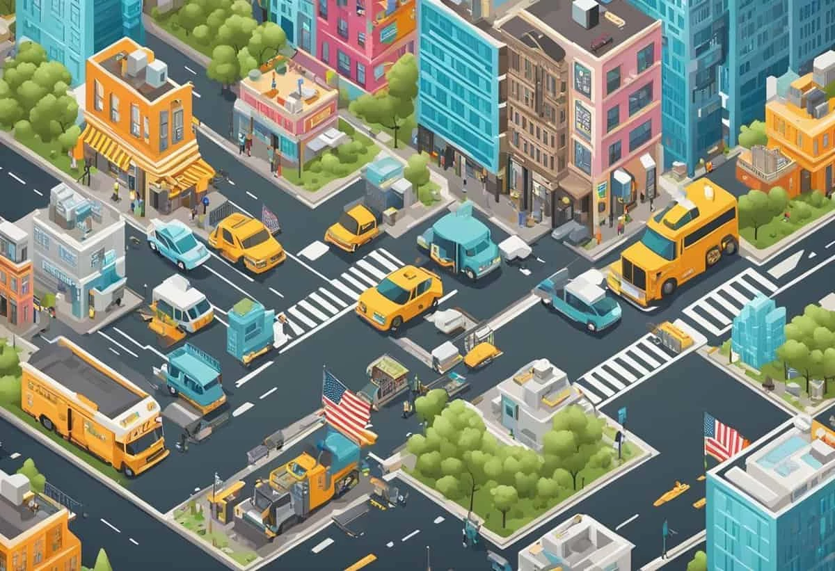 Isometric illustration of a busy urban intersection with colorful vehicles and buildings.
