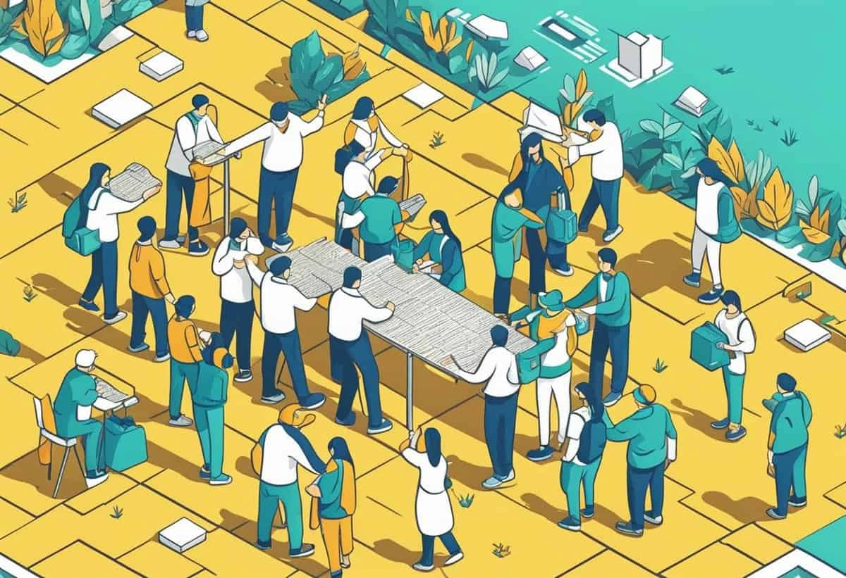 Illustration of a diverse group of people collaborating and discussing around tables in an outdoor setting.