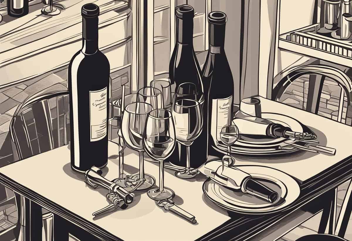 A monochrome illustration of an elegantly set table with wine bottles, glasses, and fine dining utensils.