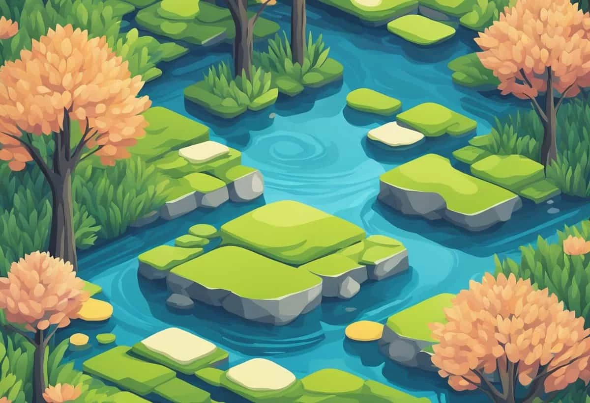 Illustration of a tranquil pond with stepping stones surrounded by lush vegetation.