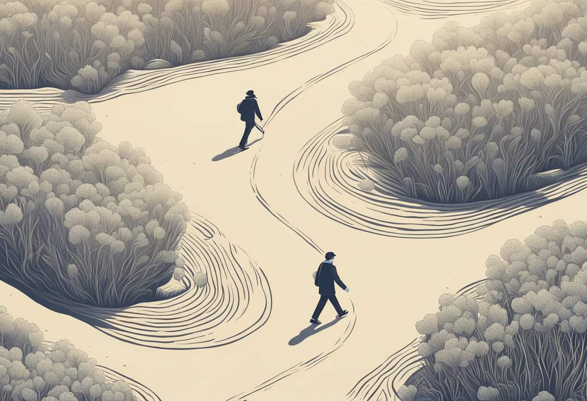 Two individuals walking on separate paths through a stylized landscape with swirling patterns and bush-like foliage.