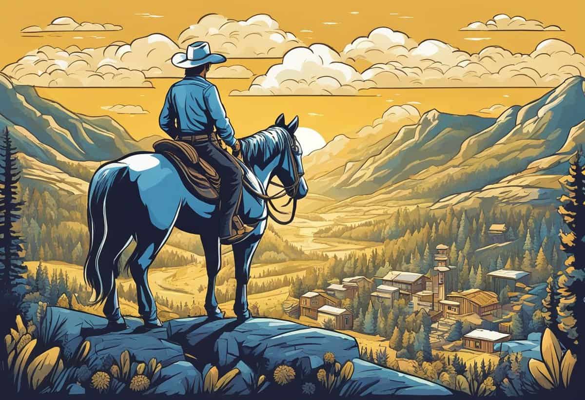 A cowboy on horseback overlooking a mountainous landscape with a small settlement at twilight.