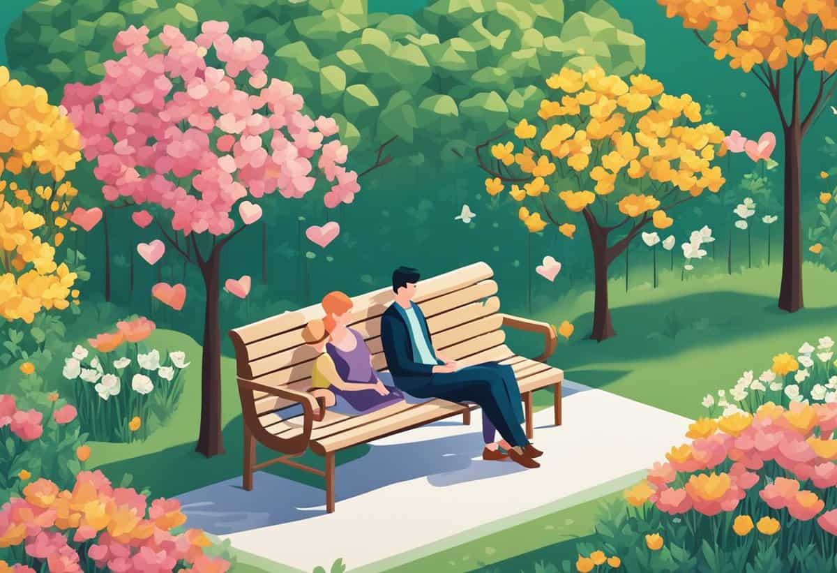 Couple sitting on a park bench surrounded by blooming flowers and floating hearts.