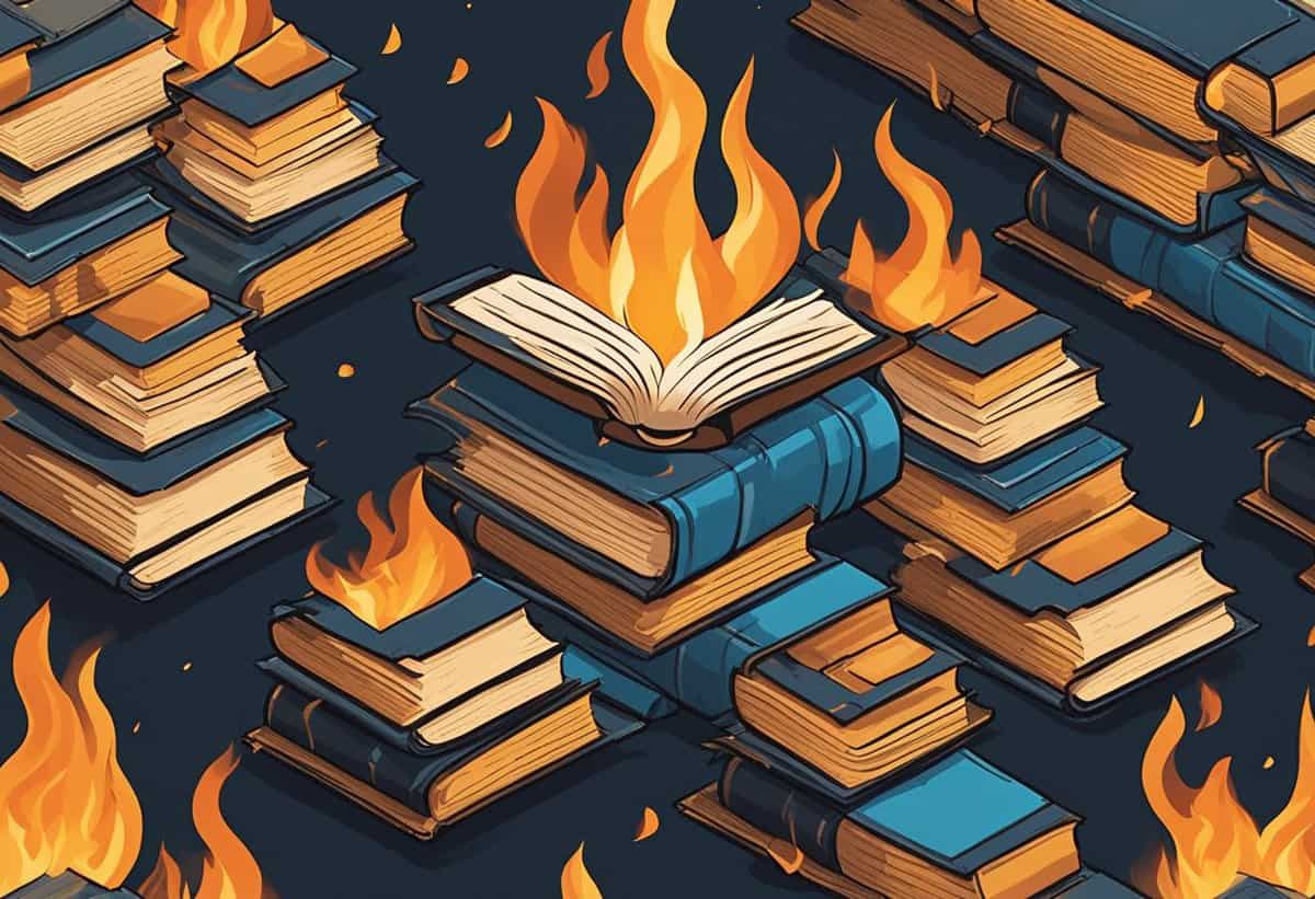 An illustration of books on fire, with a central book open and flames rising from its pages.
